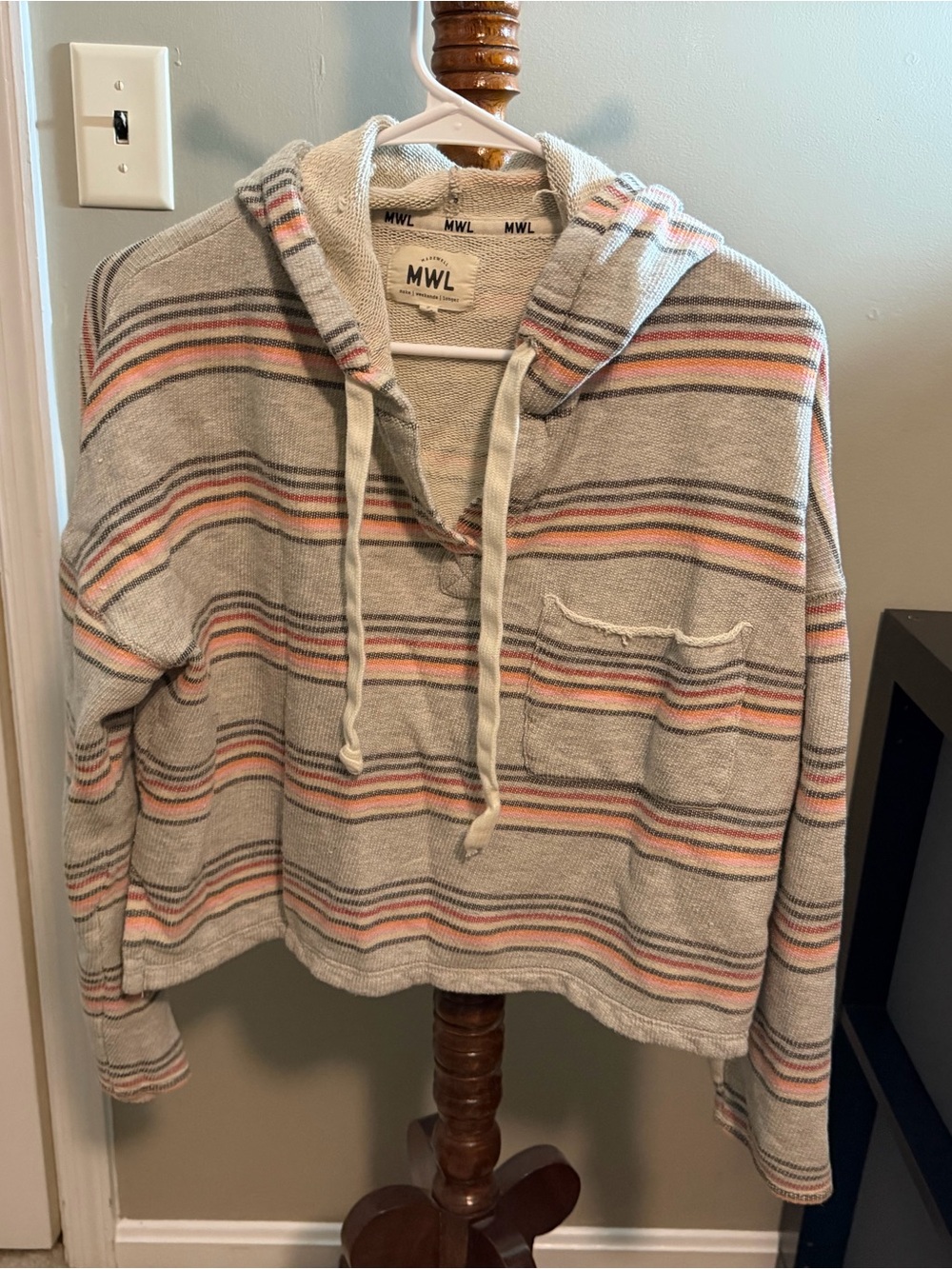 Striped Hooded Pullover Sweater - Light Gray with Coral Stripes